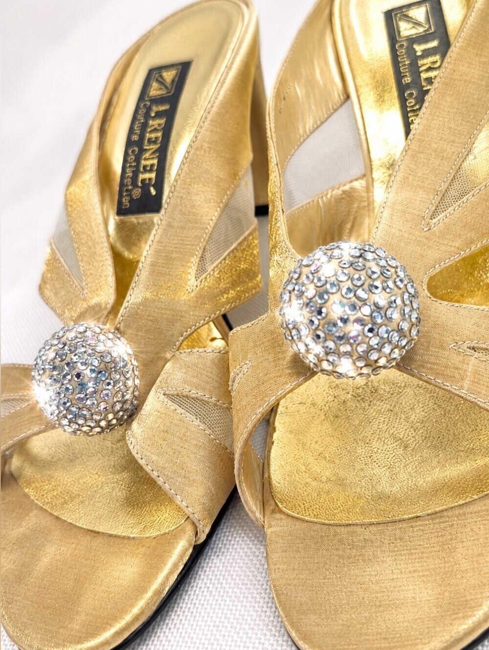 J Renee Couture "Crystal Ball" Gold Mule Heels Women's Sz 9 Open Toe Rhinestones